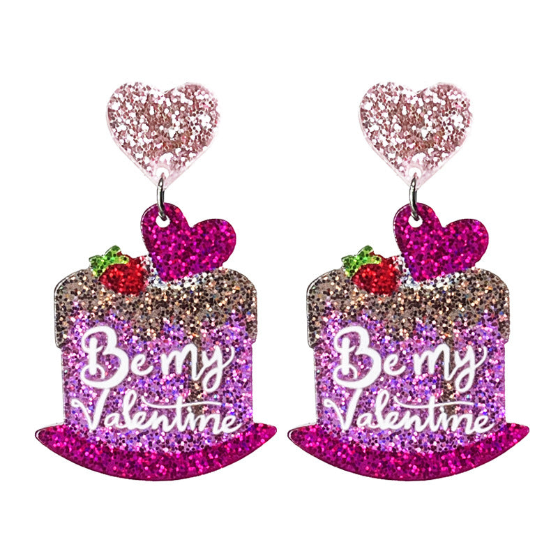 Wholesale Valentine's Day Sweetheart Pink Glitter Cake Party Lover Text Acrylic Earrings